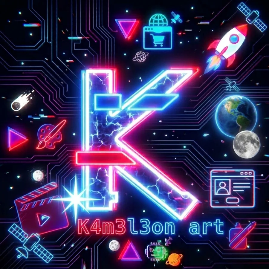 Logo K4m3l3on Art w neonowym stylu cyberpunk — litera K z ikonami usług: strony i sklepy internetowe, montaż filmów, grafika, automatyzacje i agenci AI